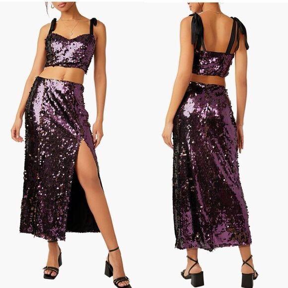 Free People Star Bright Sequin Two-Piece Crop Top & Midi Skirt, Lilac, Sz 4, NWT - Picture 1 of 10